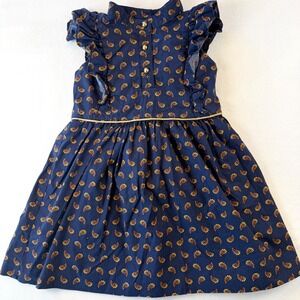 Janie and Jack 2T Girl Dress Navy Blue Ruffled Paisley Gold Buttons